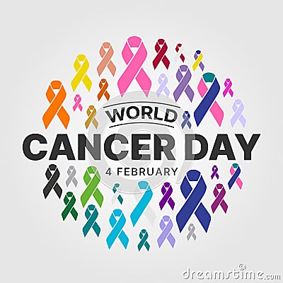 World Cancer Day text in circle shape with set of ribbons of different colors against cancer sign vector design Vector Illustration