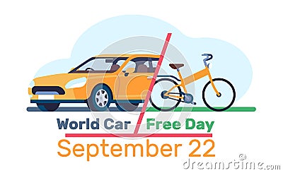 World Car Free Day banner. Sedan automobile or bicycle. Drive transport. Ride on cycle. Environment conservation Stock Photo