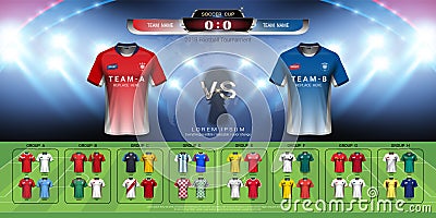 2018 World championship football cup group set, Soccer jersey mock-up and scoreboard match vs strategy broadcast graphic template Vector Illustration