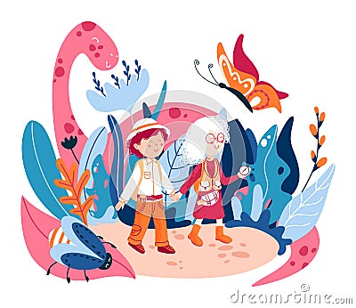 World of childhood flat vector illustration. Children fantasy word, with fictional cute monsters. Vector Illustration