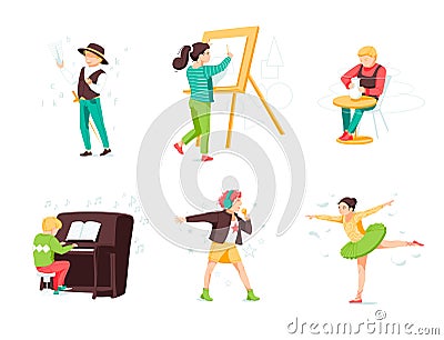 World of childhood flat vector illustrations set. Kids cartoon characters playing piano, drawing, sculprt, singing, ballet dancin Vector Illustration