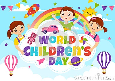 World Children's Day Vector Illustration on 20 November with Kids and Rainbow in Children Celebration Bright Sky Blue Vector Illustration