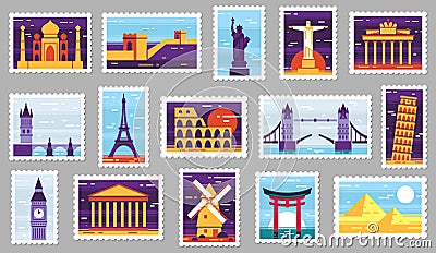 World cities post stamps. Travel postage stamp design, city attractions postcard and town vector illustration set Vector Illustration