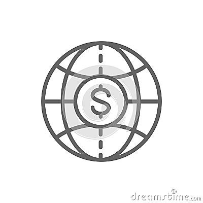 World with coin, global cash, money transfers, currency line icon. Vector Illustration