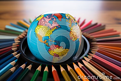 A world of colors represented by a globe surrounded by assorted pencils Stock Photo