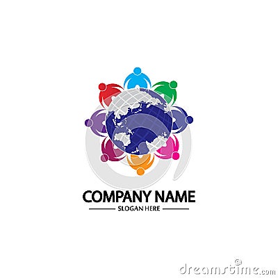 world comunity logo with people and globe illustration design vector Vector Illustration