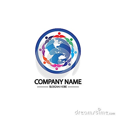 world comunity logo with people and globe illustration design vector Vector Illustration