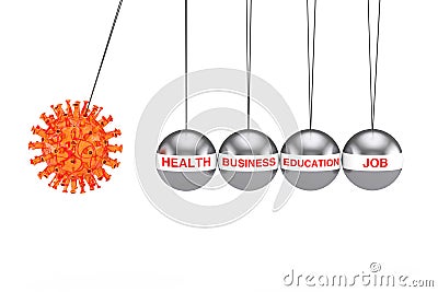 World Crisis Concept. Coronavirus COVID-19 Cell Attack Newtons Cradle Balancing Ball as Health, Business, Education and Job Life Stock Photo