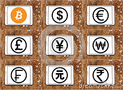 World currencies icons with cryptocurrency bitcoin Stock Photo