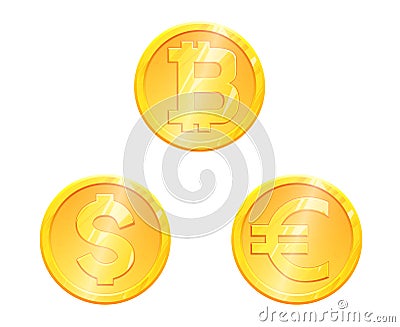 World currency gold coin symbol set. Main currencies dollar, euro, bitcoin. Finance investment concept. Exchange Money Vector Illustration