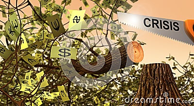 The saw cuts the tree with money. Stock Photo