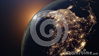 World 3D rendering. Earth video from satellite. City lights and night time, rising sun and shine. Flight over world and starry spa Stock Photo