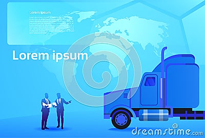 World Delivery Concept Two Business Men Looking at Documents And Map Standing At Big Semi Truck Trailer Vehicle Cargo Vector Illustration