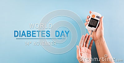 World diabetes day awareness concept. The diabetic measures the level of glucose in the blood, 14 November Stock Photo