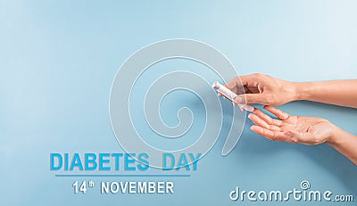 World diabetes day awareness concept. The diabetic measures the level of glucose in the blood, 14 November Stock Photo