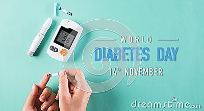 World diabetes day awareness concept. The diabetic measures the level of glucose in the blood, 14 November Stock Photo