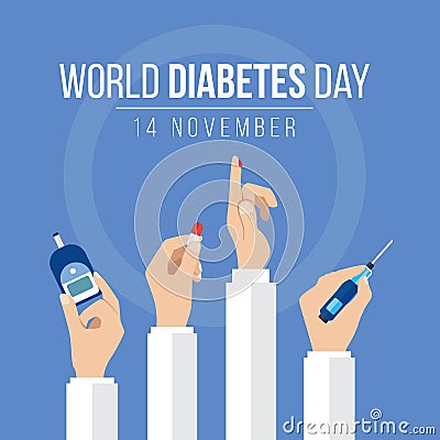 World Diabetes Day Awareness with hands hold the meter measures for blood sugar level hand hold drug and Drops of blood on circle Vector Illustration