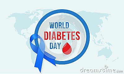 World diabetes day awareness poster blue ribbon symbol with circle ring and blood drip logo badge design on world map background Vector Illustration