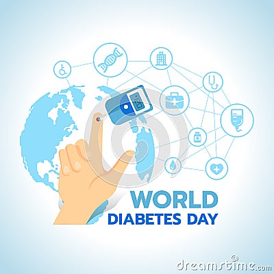 World Diabetes Day banner with Blood Sugar Test and Blood on the finger on blue world map with abstract connect link to Medical i Vector Illustration