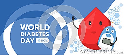 World diabetes day banner drop blood charector hold Blood Glucose Meter and icon of Medical devices and drugs related to diabetes Vector Illustration