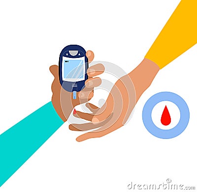 World diabetes day.Hand is holding electrochemical or Photometric glucometer.Finger is pricked,ready for a glucose or Blood Sugar Vector Illustration