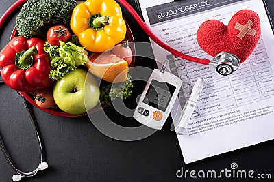 World diabetes day and healthcare concept. Patient`s blood sugar control, diabetic measurement, and healthy food eating nutrition Stock Photo