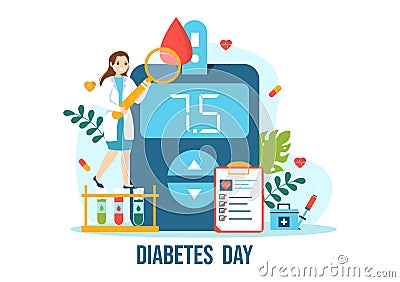 World Diabetes Day Vector Illustration on 14 November with Doctors Testing Blood for Glucose and Measuring Sugar in Flat Cartoon Vector Illustration