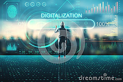 World digitalization concept with man in sport suit and his hand on touch screen with stats data information Stock Photo