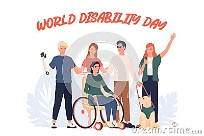 World disability day. Disabled people standing together. Vector Illustration