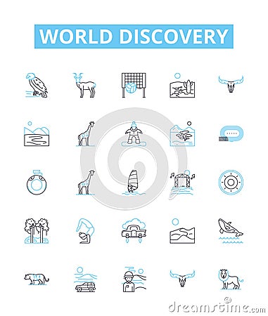world discovery vector line icons set. Exploration, Expedition, Navigation, Identifying, Mapping, Locating, Geography Vector Illustration