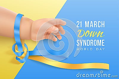 World Down syndrome day horizontal banner with blue and yellow ribbon Vector Illustration