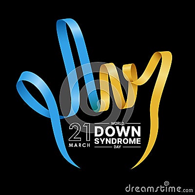 World down syndrome day, 21 march - Text in blue and yellow ribbon sign with roll waving to i love you hand shape on black Vector Illustration