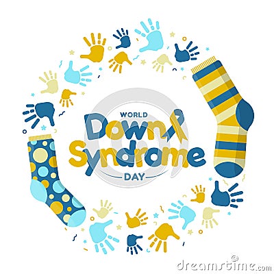 World Down Syndrome Day - text and ribbon sign in circle frame with lots of socks handprint and ribbon firework around vector Vector Illustration