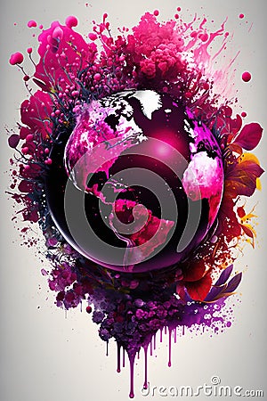 World Earth Day, Globe with splash, levitation magenta flowers and plants Stock Photo