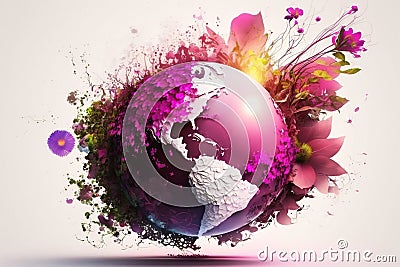 World Earth Day, Globe with splash, levitation magenta flowers and plants Stock Photo