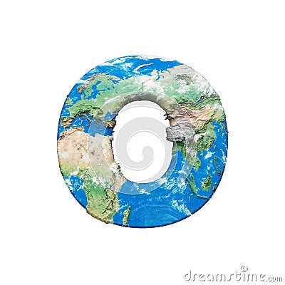 World earth globe alphabet letter O uppercase. Global worldwide font with NASA map. 3D render isolated on white background. Stock Photo