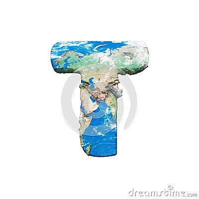 World earth globe alphabet letter T uppercase. Global worldwide font with NASA map. 3D render isolated on white background. Stock Photo