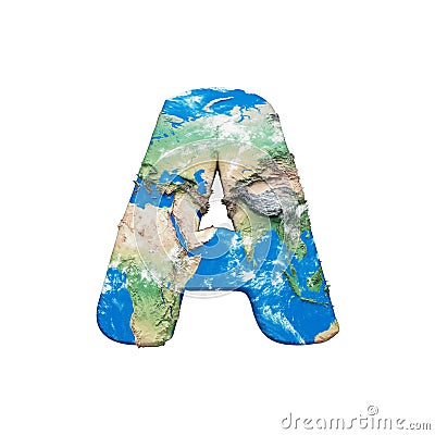 World earth globe alphabet letter A uppercase. Global worldwide font with NASA map. 3D render isolated on white background. Stock Photo