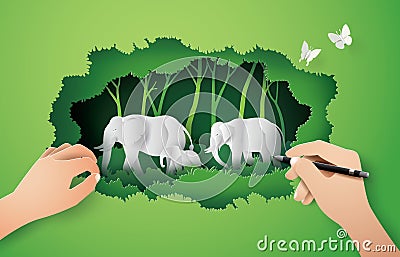 World elephant Day family of elephant in the forest , Vector Illustration