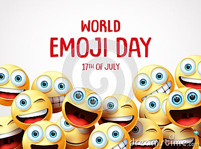 World emoji day vector banner background. World emoji day text with group of funny smiley emojis. Vector Illustration