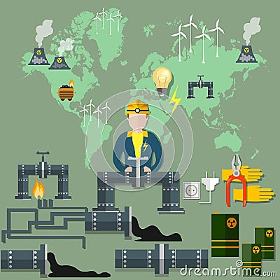 World energy nuclear energy wind energy pipeline windmill Vector Illustration