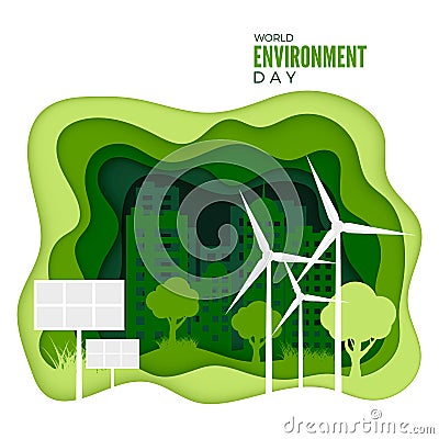 World Environment Day. Abstract green city concept. Ecology concept banner with paper cut green texture. Green energy concept Vector Illustration