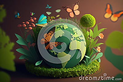 World environment day background with flower and butterfly, Earth day. Generative AI Stock Photo
