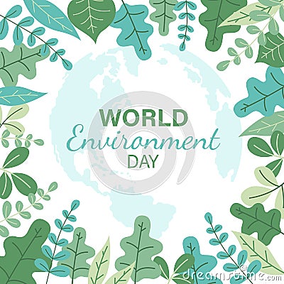 World environment day banner with abstract green leaf frame and map earth background vector design Vector Illustration