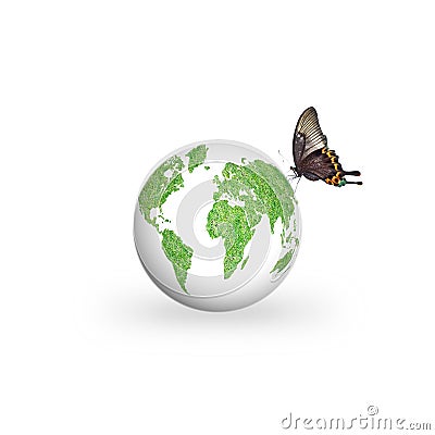 World environment day concept with earth globe isolated on white background with healthy green grass texture and butterfly Stock Photo