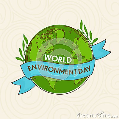 World Environment Day Concept With Earth Globe, Leaves On Beige Swirl Pattern Stock Photo