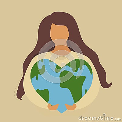 World Environment Day and Earth Day, girl holding a heart shaped planet. Protecting nature ecology concept. Vector Vector Illustration