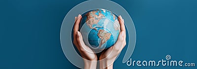 World Environment Day. Earth globe in woman& x27;s hands on a blue background, top view. Saving the planet. AI Generative Stock Photo