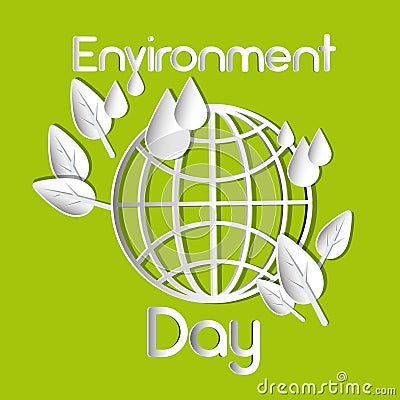 World Environment Day Earth Planet Globe Water Drops Leaves Vector Illustration