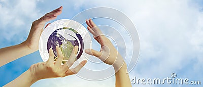 World Environment Day and Happy Earth Day with human hand for earth globe for Saving environment, save, protect, ecology, banner Stock Photo